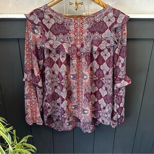 Knox Rose Semi Sheer Boho Long Sleeve Ruflfle Paisley Blouse sz‎ M